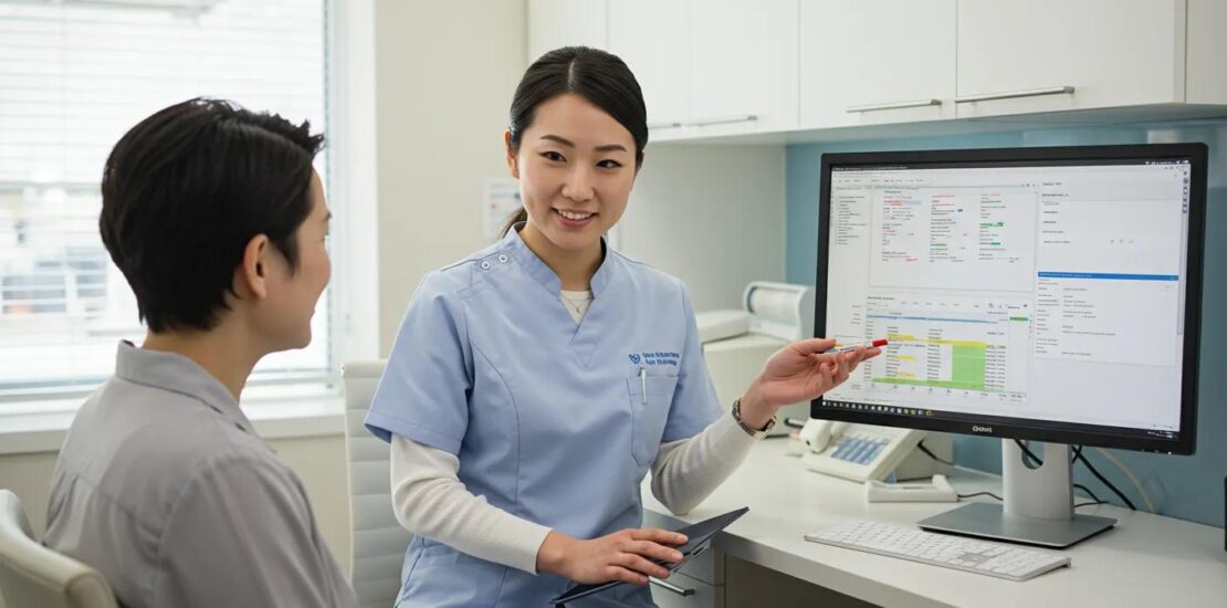 Healthcare professional assisting a patient with billing strategies in a modern medical office