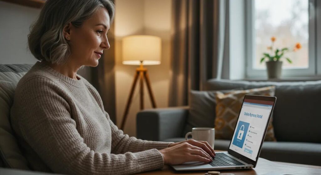 Patient using an online payment portal for healthcare collections in a cozy home environment