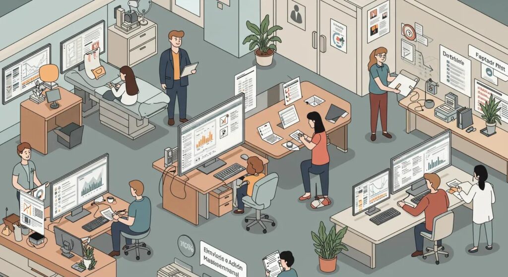 Illustration of certified medical billing professionals exploring diverse career paths in revenue cycle management, including analysis, auditing, consulting, and compliance roles within healthcare settings.