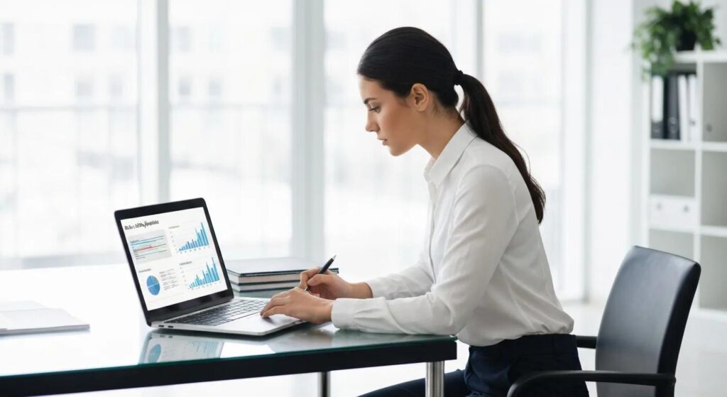 Medical billing specialist reviewing salary and job outlook data on a laptop.