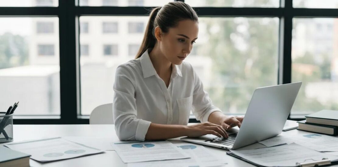 A focused medical billing specialist at a desk with a laptop and documents, demonstrating advanced medical billing techniques in action.