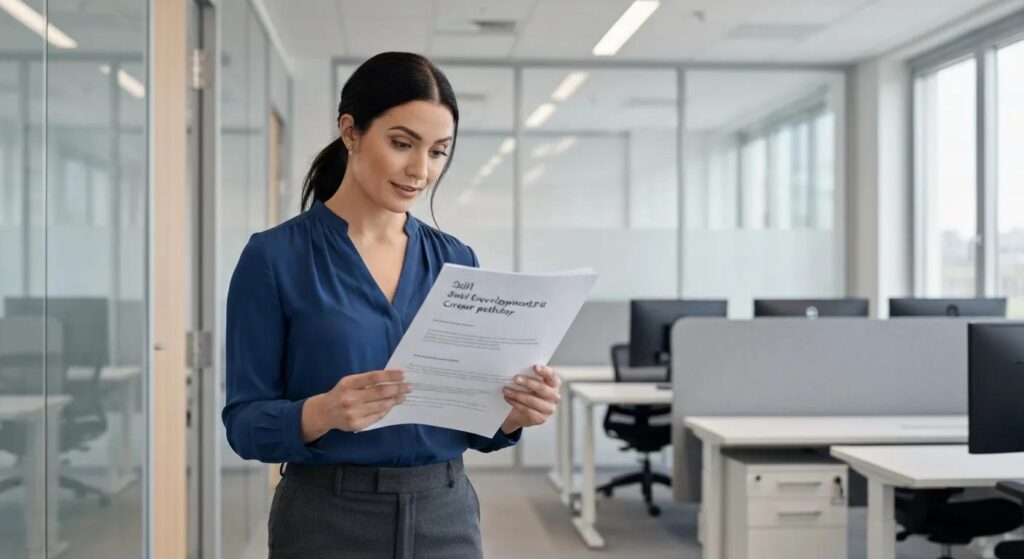 Medical billing specialist reviewing skill development resources and career pathway options in a modern office setting.