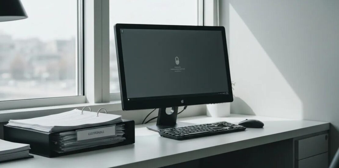 HIPAA-compliant billing workspace with secure computer and organized documents.