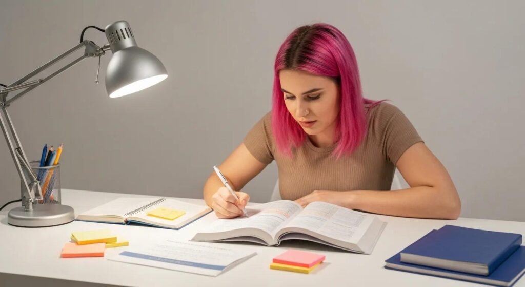 Beginner studying billing and coding basics at a clean desk.