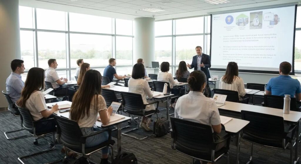 Engaged students participating in a dynamic medical billing training session, showcasing the key skills vital for certification success.