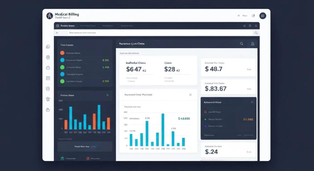 Medical billing software dashboard with analytics, claims status indicators, and automated workflow tools enhancing revenue cycle efficiency.
