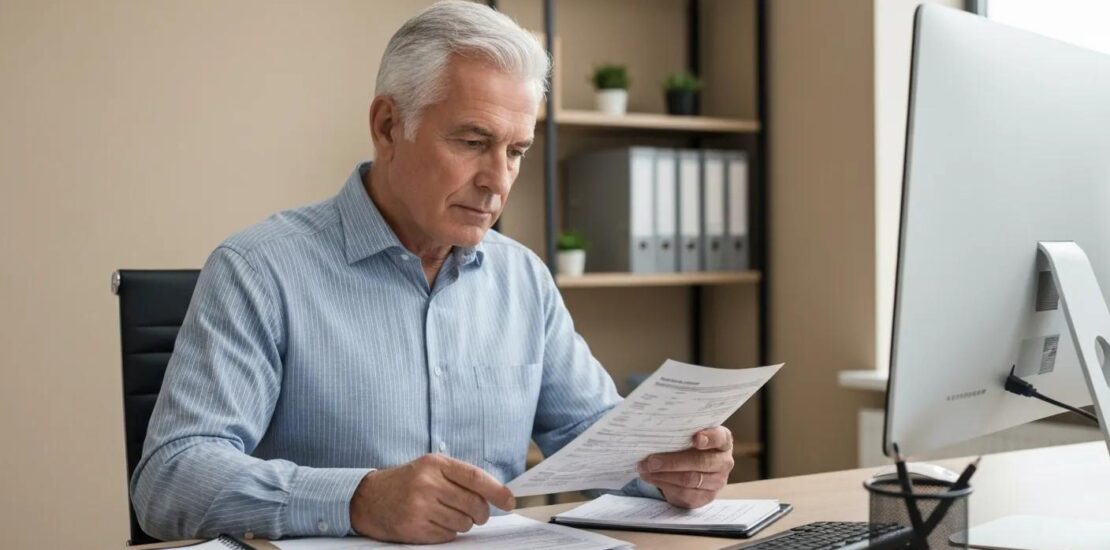 Medical billing specialist working at a computer reviewing claims and insurance details in a professional office.