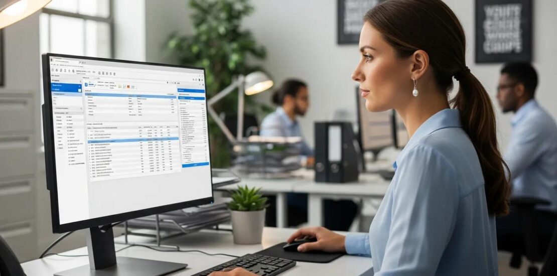 Professional in a medical billing office utilizing advanced billing software