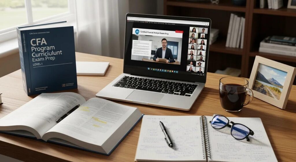 A student's online learning setup for a professional credential, featuring a laptop and study materials. 