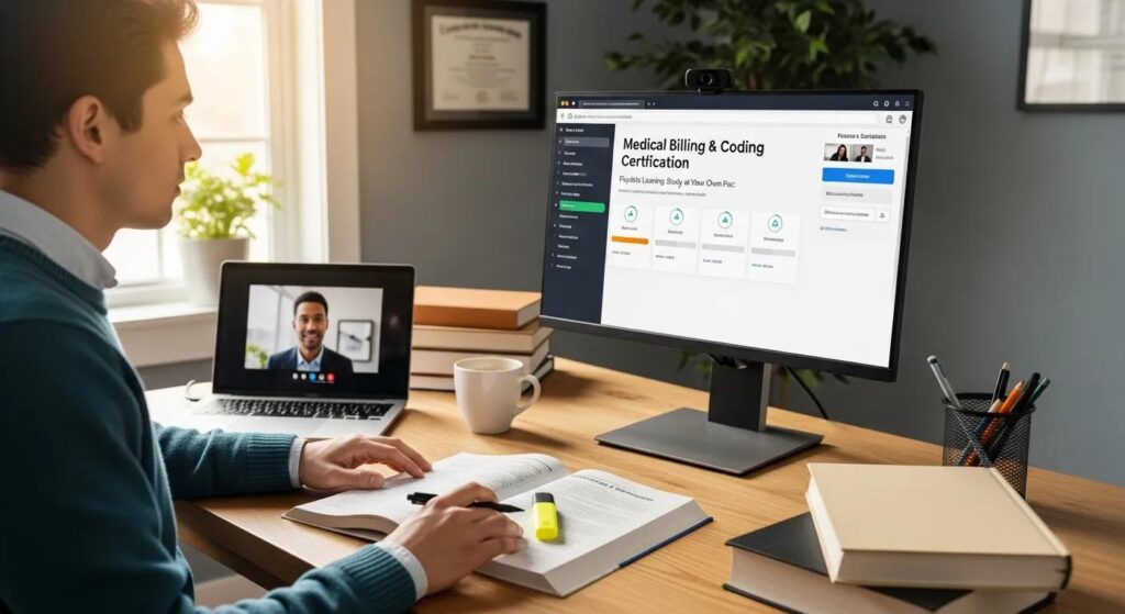 Image illustrating the flexibility of online medical billing courses, such as learning on a laptop from anywhere.