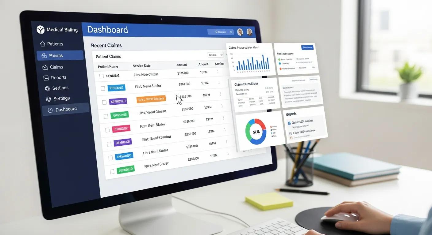 Billing software dashboard on a computer screen used by a medical biller