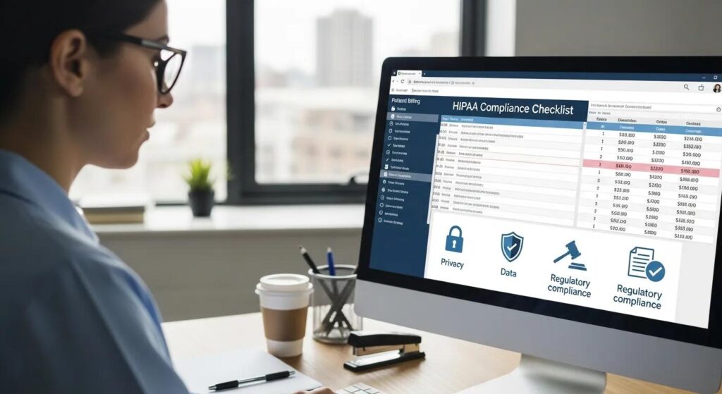 Medical biller at a computer reviewing patient billing data with a visible HIPAA compliance checklist and secure healthcare icons, representing privacy, data security, and regulatory compliance in medical billing.