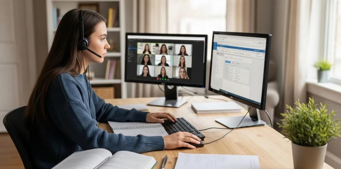 Students learning medical billing remotely from a home office