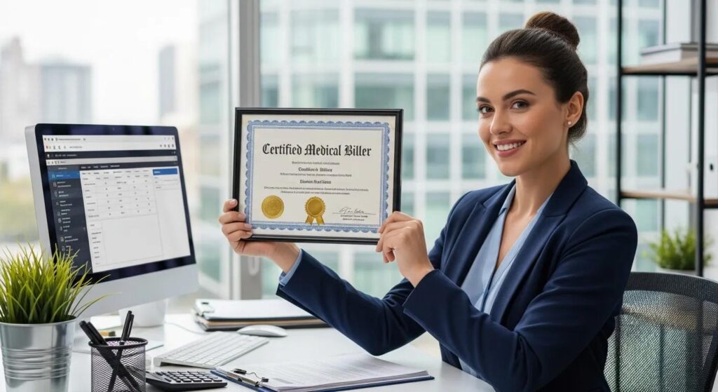 Certified medical biller holding diploma in an office setting.