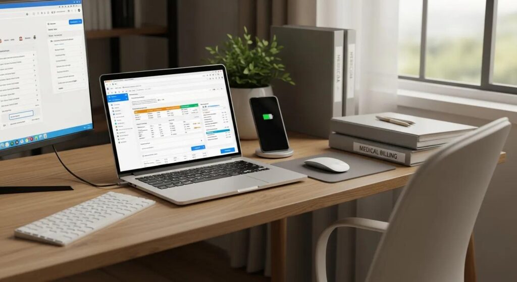 Home-based medical billing setup with laptop and billing software, representing flexible and remote work opportunities.
