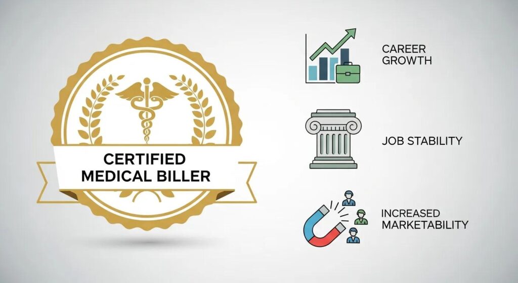 Certification seal positioned next to medical billing career growth icons, emphasizing credibility, job stability, and increased marketability.