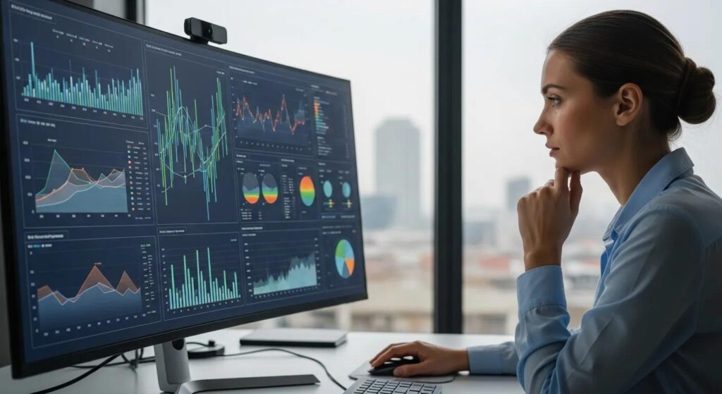 A billing specialist reviewing billing performance trends on a computer to improve efficiency.