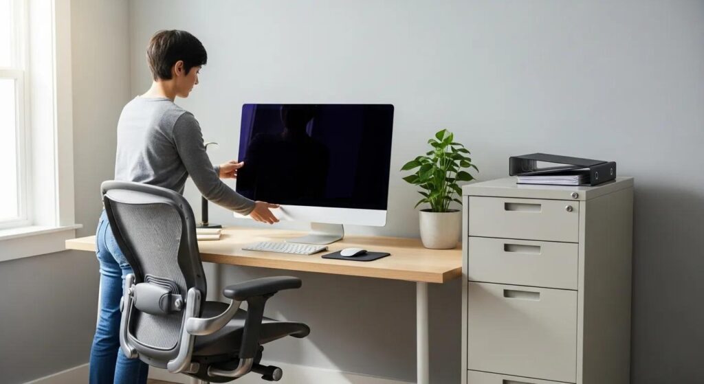 Person setting up a home-based medical billing workspace.