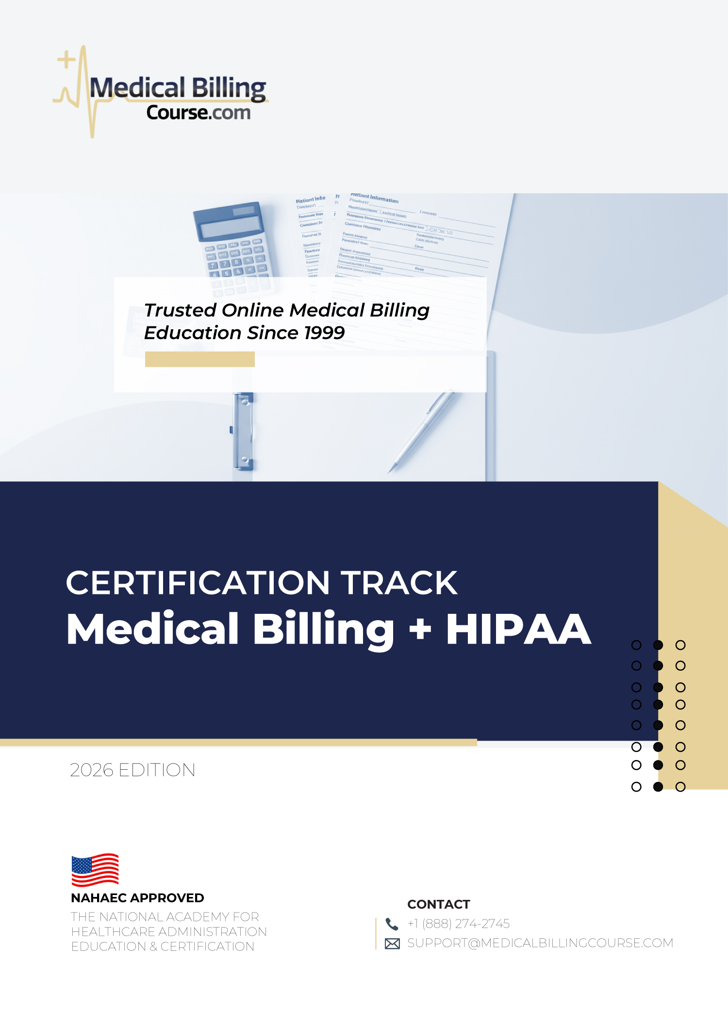 Cover image representing a medical billing and HIPAA certification program with visual elements related to healthcare billing systems and patient privacy compliance.
