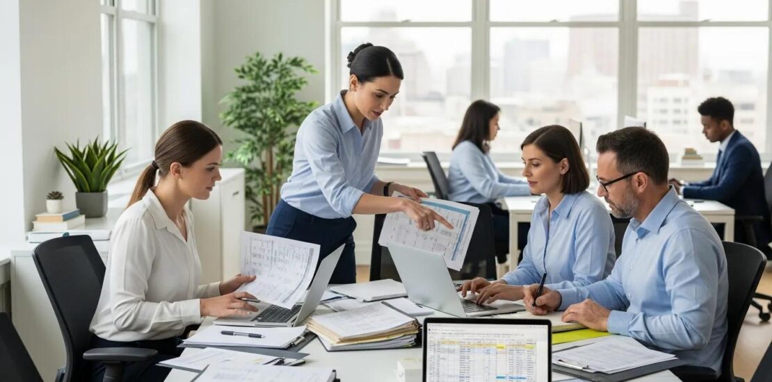 Team of professionals reviewing medical billing documents in a modern office