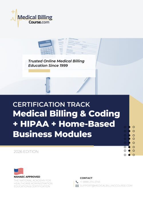 Cover image representing a medical billing and coding certification program with HIPAA compliance and supplemental home-based business training elements related to independent billing operations.