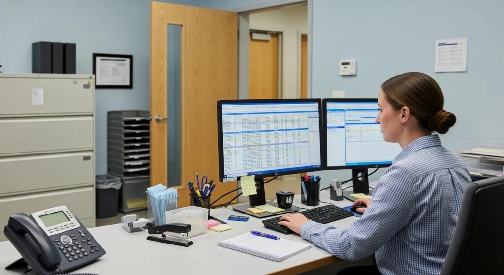 A medical billing specialist coordinating billing and administrative tasks in a local clinical office setting.