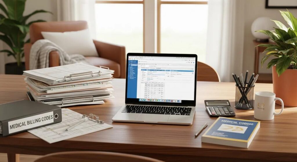 Home study setup with laptop and medical billing materials