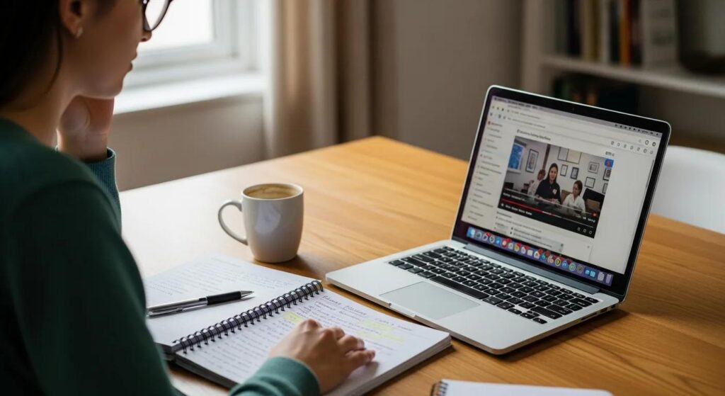 Learner studying online for a medical billing certification with notes and a laptop.
