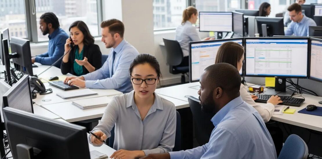 Team of diverse professionals working together in a medical billing office