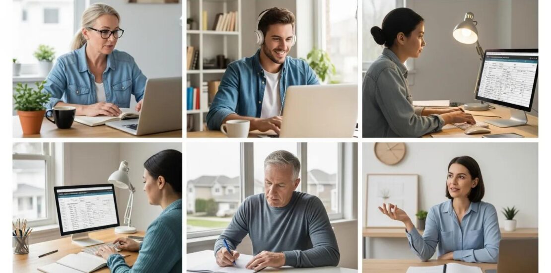 Learners taking an online medical billing course from home