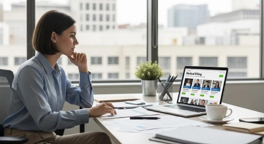 Medical billing professional reviewing career options in an office setting.