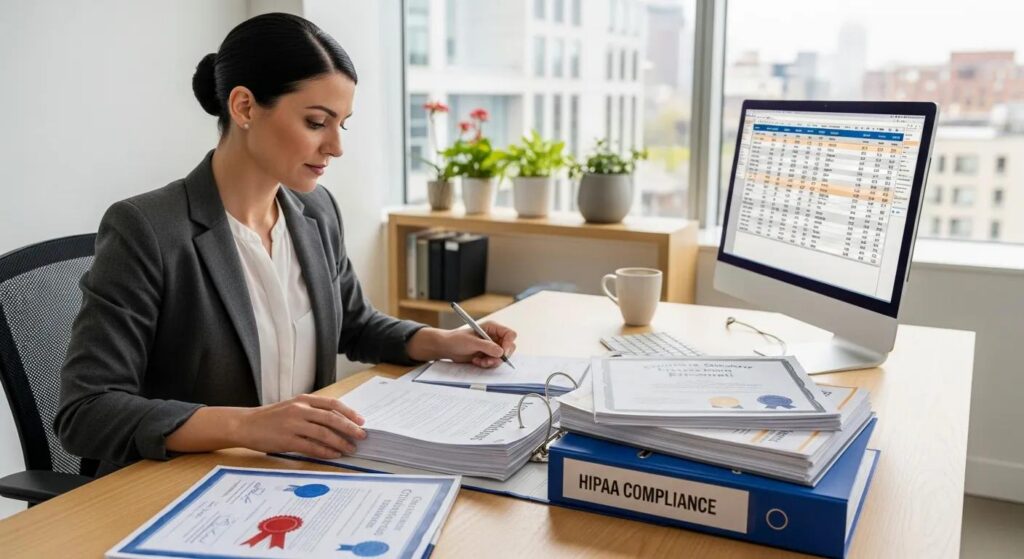 A medical billing professional reviewing certification documents and compliance materials at a desk.