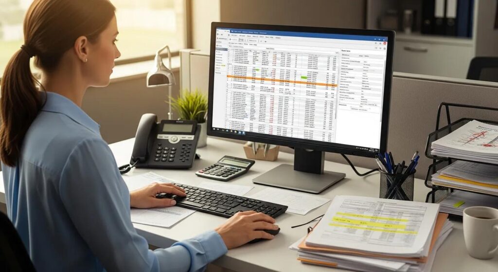 A certified medical biller at a desk with computer and billing documents.