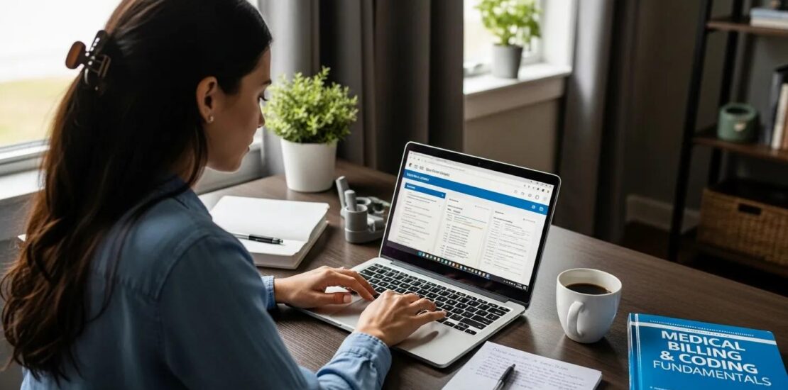 An aspiring medical biller studying online from a home workspace, preparing for a remote career.