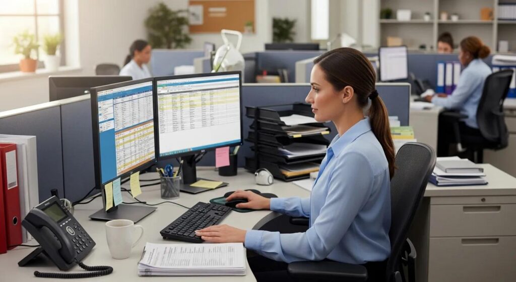 A certified medical biller working at a desk in a healthcare office.