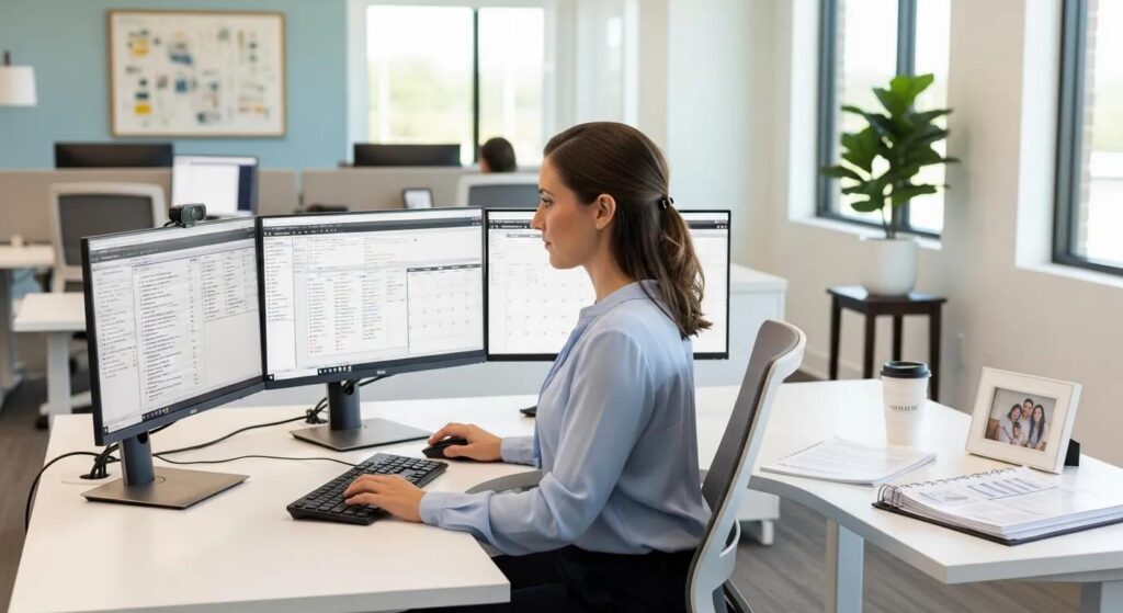 Certified medical biller working at a modern desk