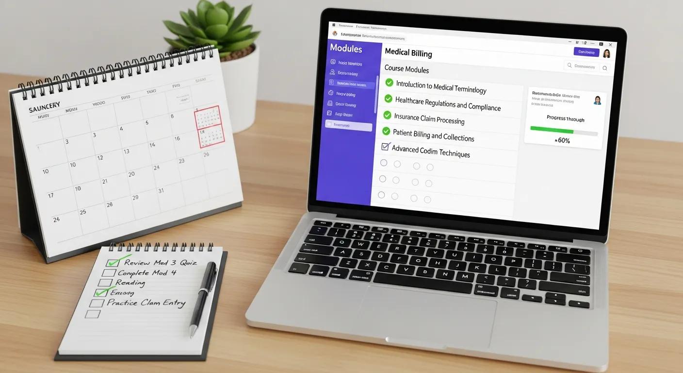 Calendar and checklist on a desk next to a laptop showing completed and pending course modules for a self-paced medical billing program