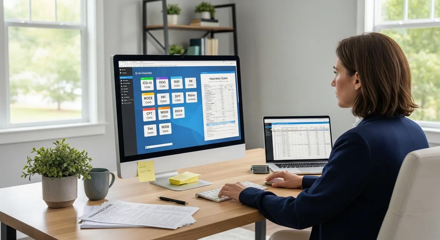 Person taking an online medical billing course on a laptop with billing software and training modules visible in a clean home workspace
