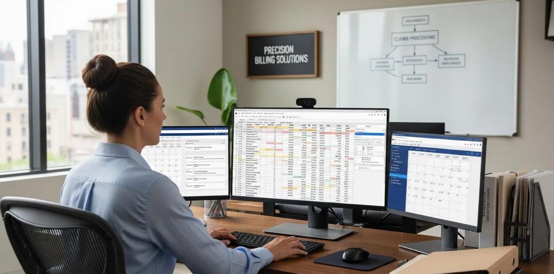 A professional running a medical billing business, managing client accounts and healthcare claims on a computer in an organized office, representing efficiency, accuracy, and financial operations.