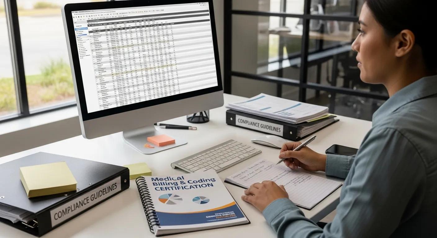 Person reviewing medical billing codes, certification materials, and compliance guidelines in a professional workspace