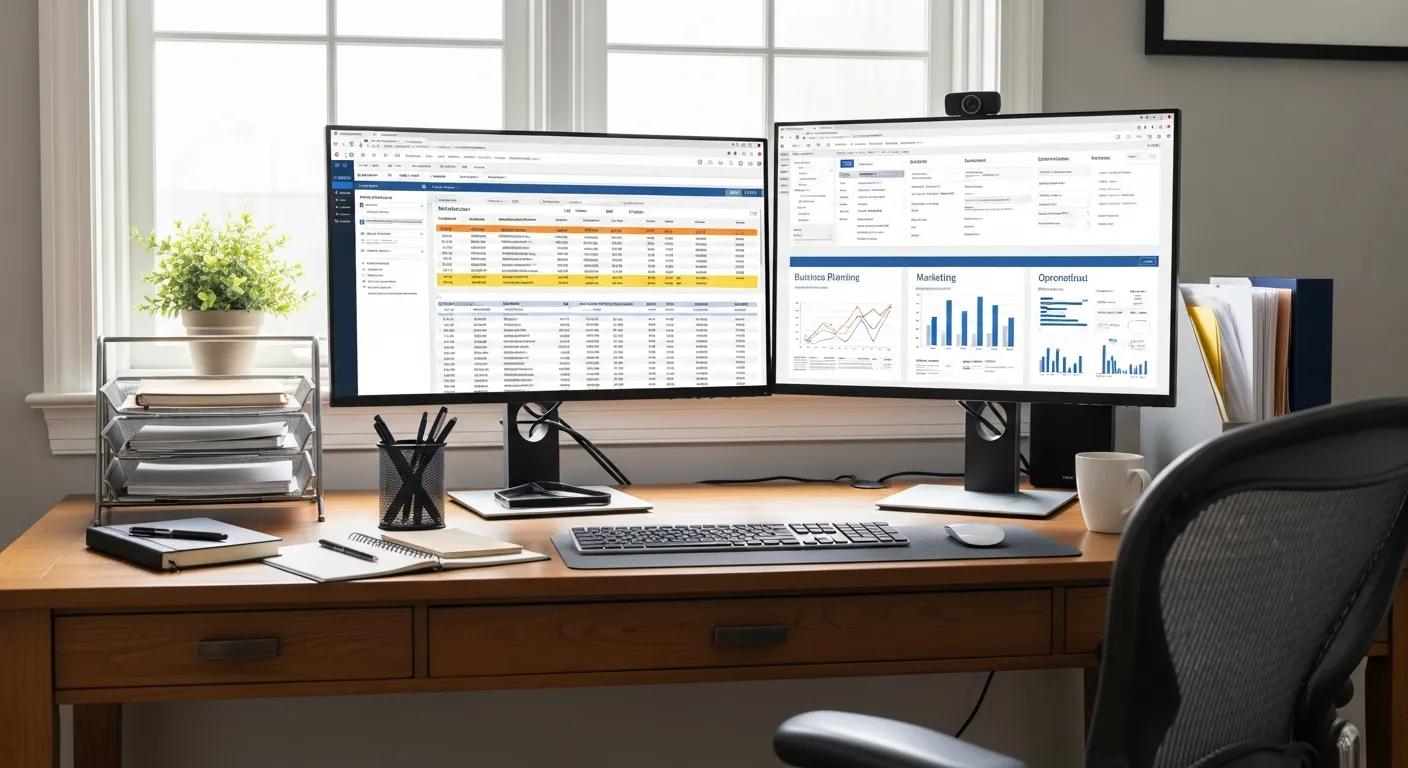 Home office setup with dual monitors showing medical billing software, client accounts, and business planning notes for a home-based billing service