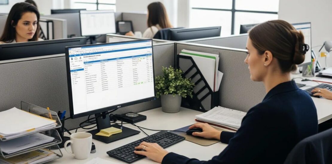 Open office workspace with cubicles where a medical biller is managing claims and client accounts