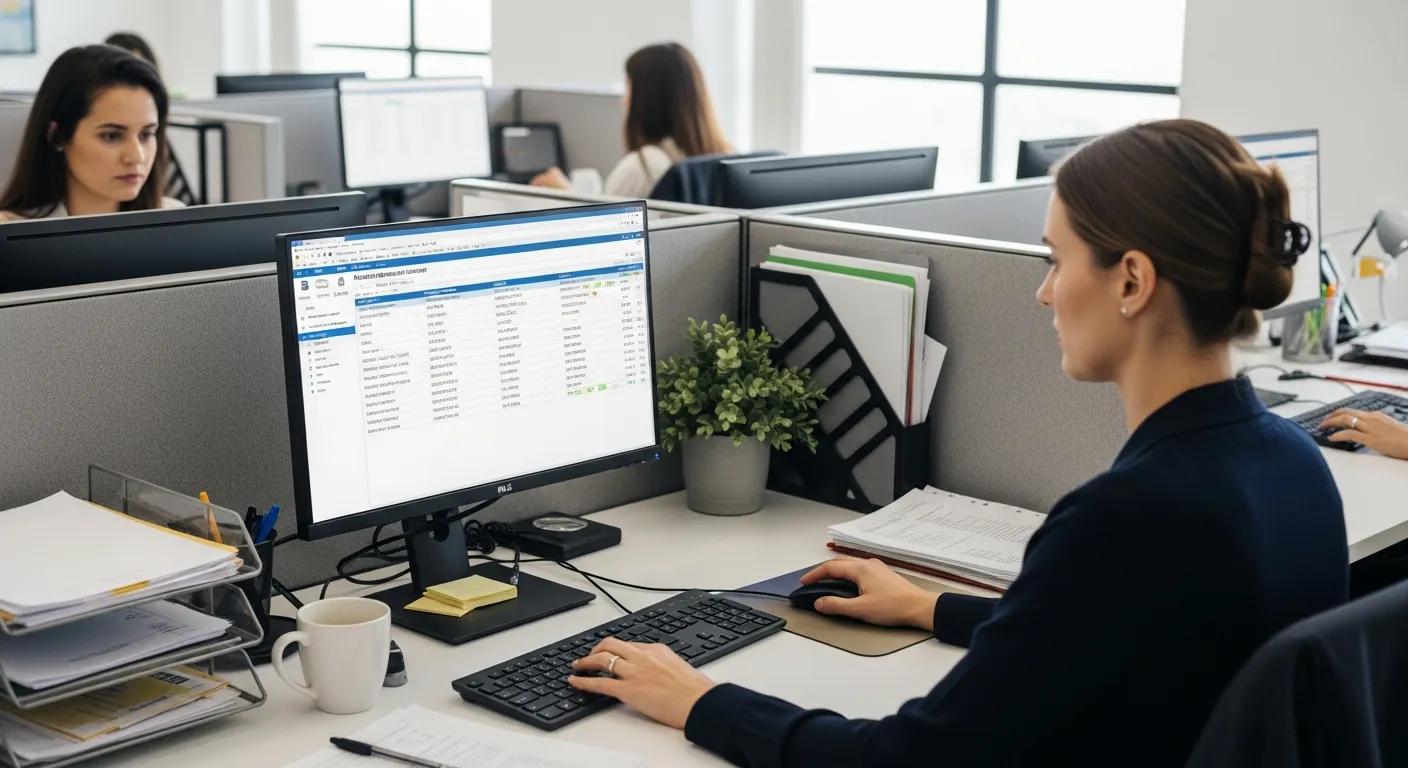 Open office workspace with cubicles where a medical biller is managing claims and client accounts