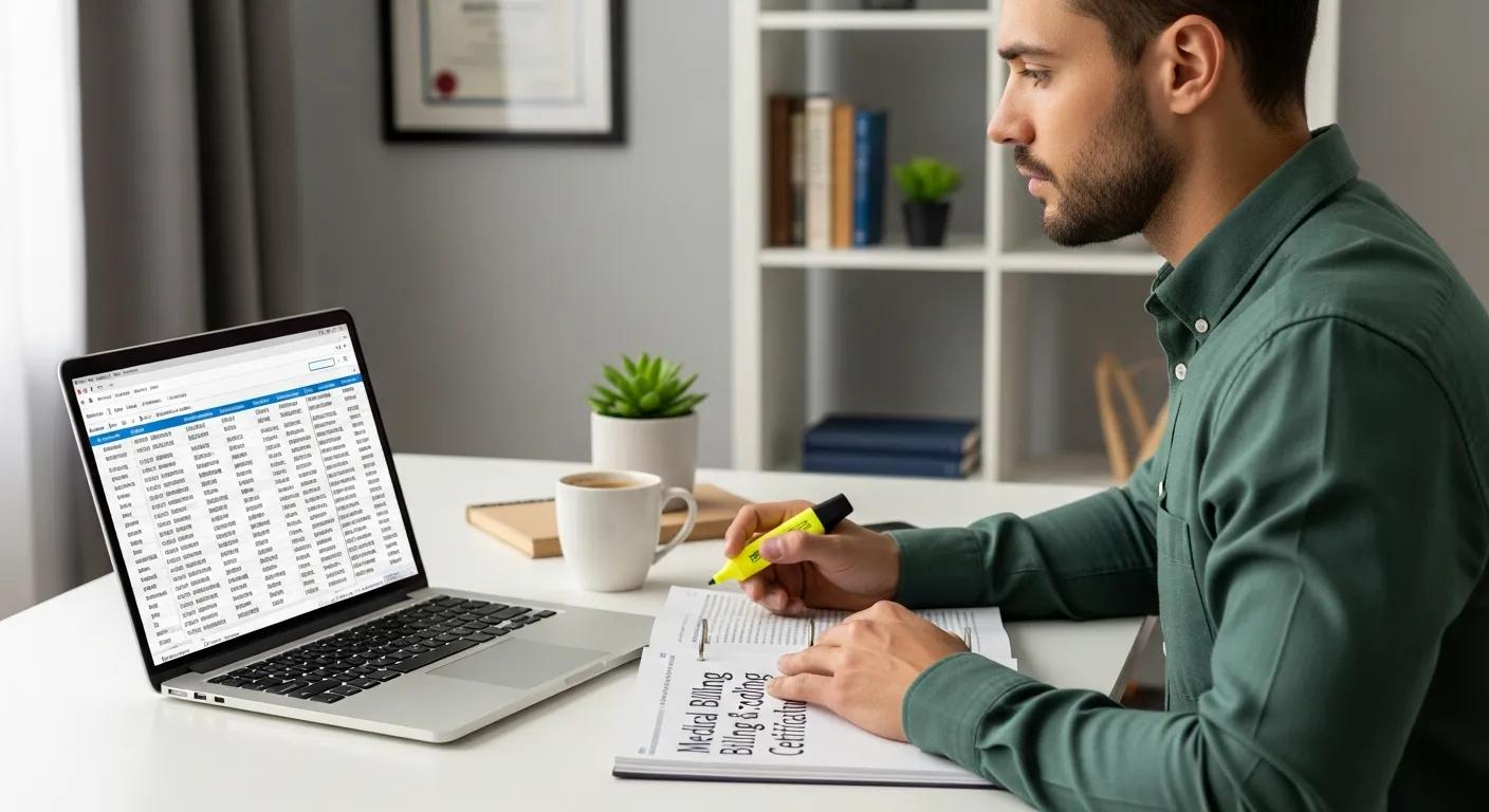 A structured online medical billing training program displayed on a laptop, with organized modules, progress tracking, and a learner taking notes in a tidy workspace, highlighting step-by-step learning and skill development.