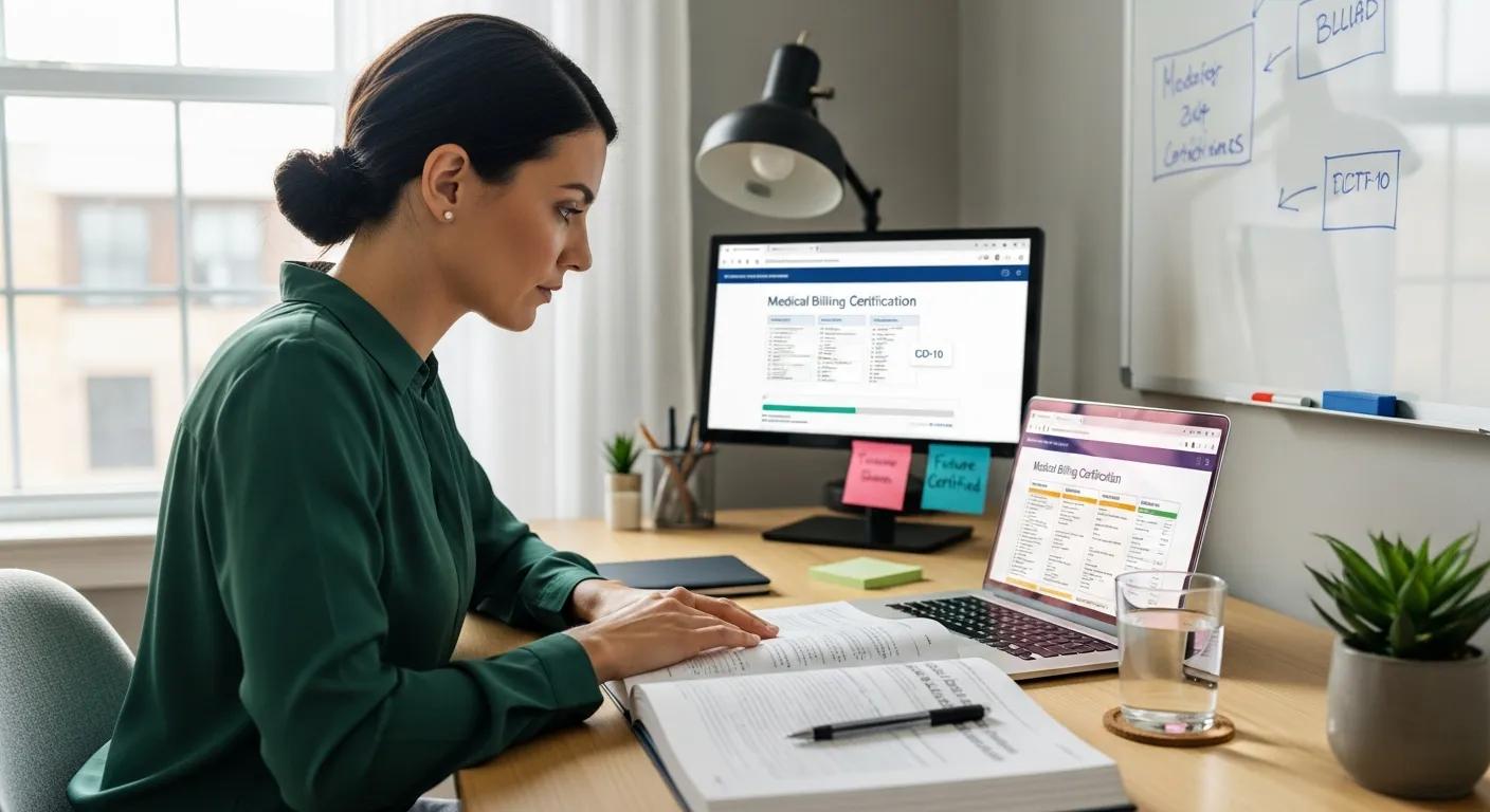 A medical billing student accessing career support resources online, including job listings, resume guidance, and virtual mentoring, while working on a laptop in a well-organized workspace, representing professional growth and opportunity.