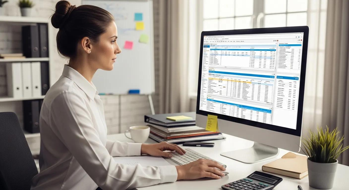Medical billing professional working at a desk with dual monitors displaying billing software in a clean office setting