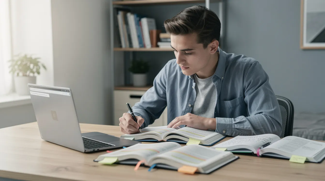 A professional is seated at a desk, focused on studying medical billing and coding, surrounded by textbooks and a laptop. This scene reflects the dedication required for a successful career in the healthcare industry, particularly in roles such as certified medical billing and coding specialists.