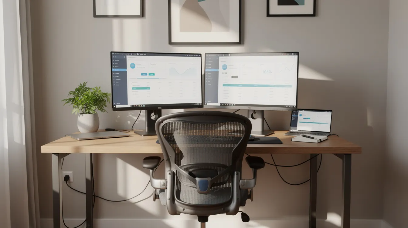 The image depicts a well-organized home office setup featuring dual monitors, a tidy desk, and essential office supplies, creating an ideal workspace for professionals in medical billing and coding. This environment is conducive for managing patient data and completing tasks related to healthcare services efficiently.