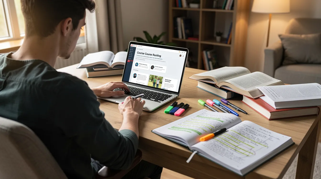 A person is studying at home, focused on their laptop while surrounded by course materials related to medical billing and coding. The desk is cluttered with textbooks and notes, indicating their dedication to completing a medical billing course for professional certification in the healthcare industry.