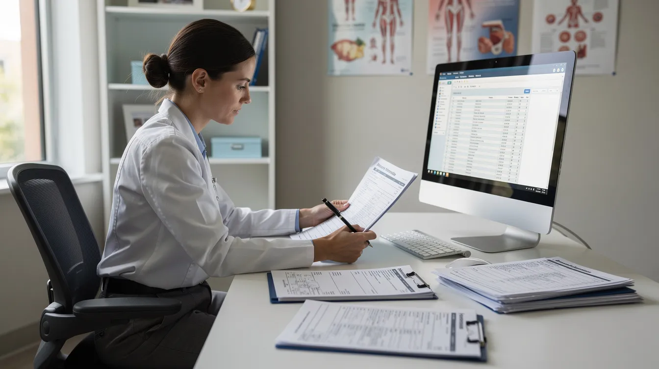 A person is sitting at a desk, focused on reviewing medical forms while working on a computer, which highlights the essential role of medical billing and coding in managing patient data and supporting healthcare providers. The scene reflects a typical work environment for medical billers and coders, emphasizing their contribution to the healthcare industry.